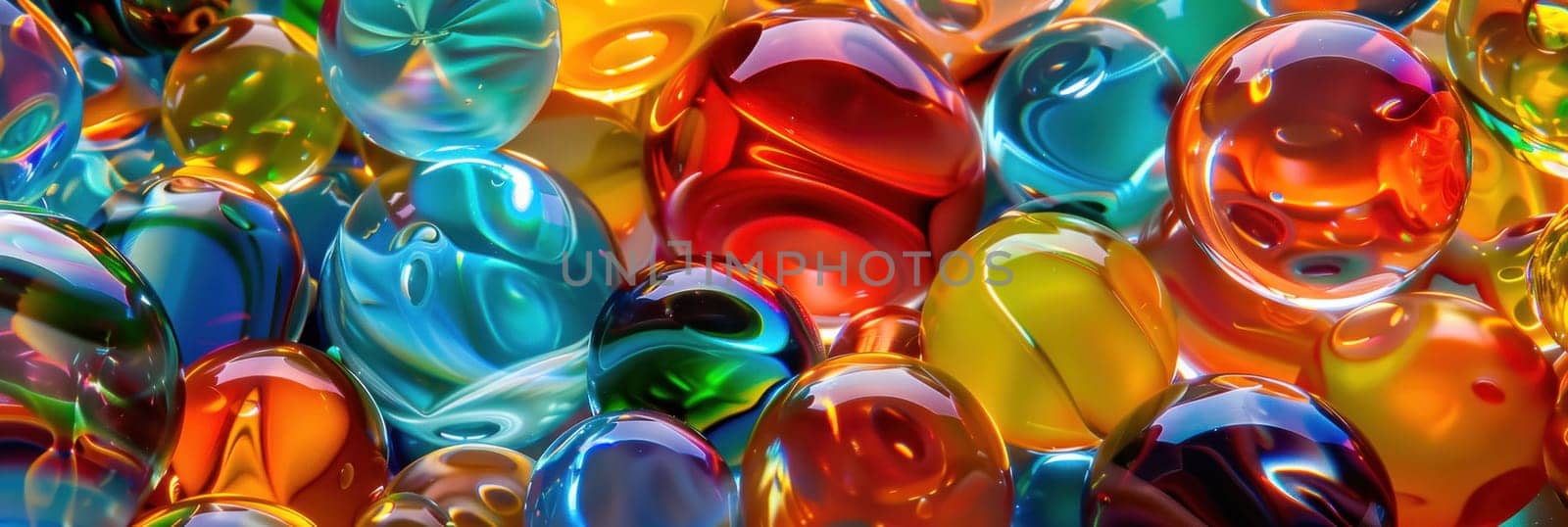 A colorful collection of marbles with a rainbow of colors. The marbles are arranged in a way that they appear to be floating in a pool of water. Concept of playfulness and joy