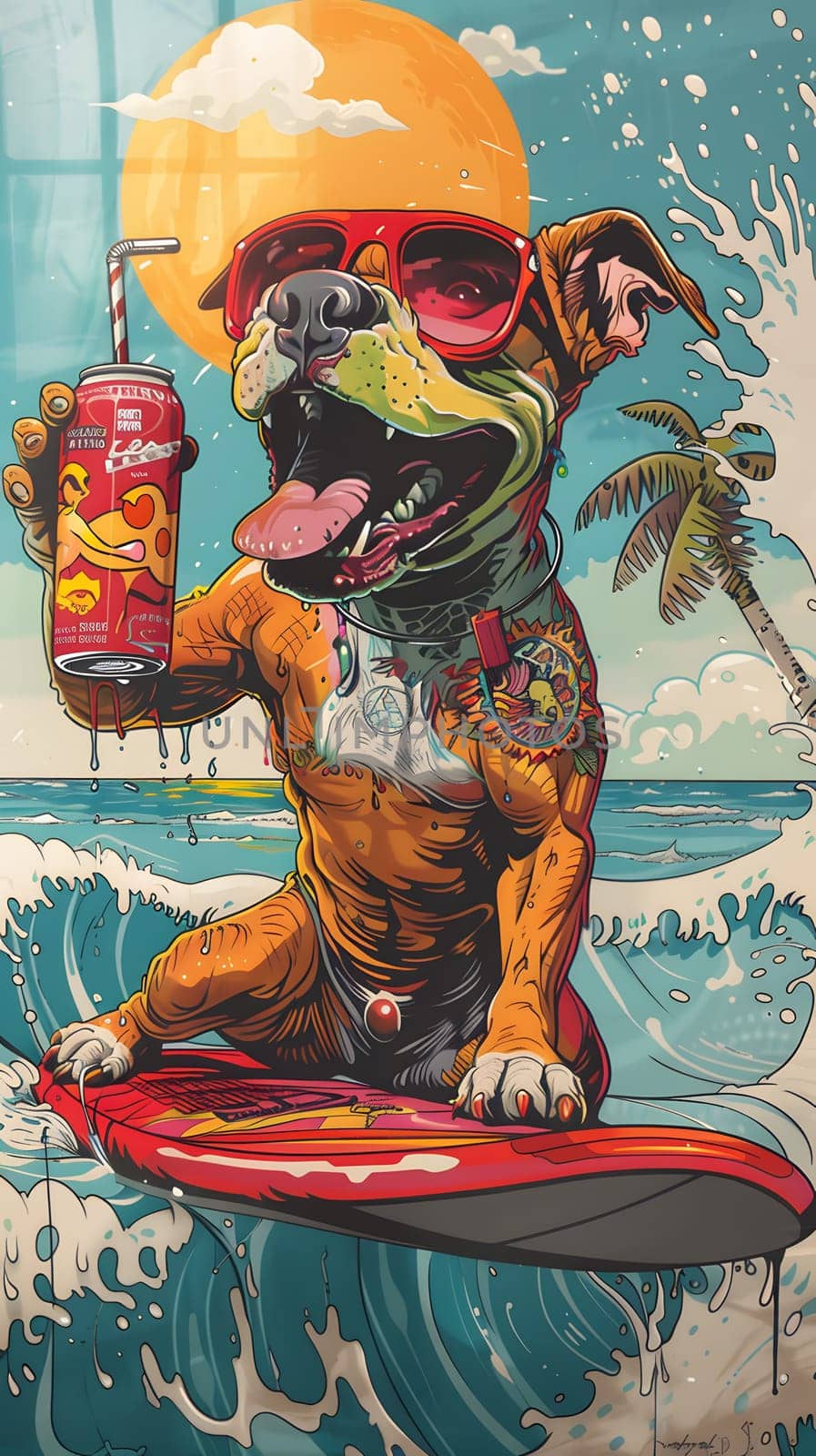 Illustration of a fictional dog on a surfboard with a coca cola can by Nadtochiy