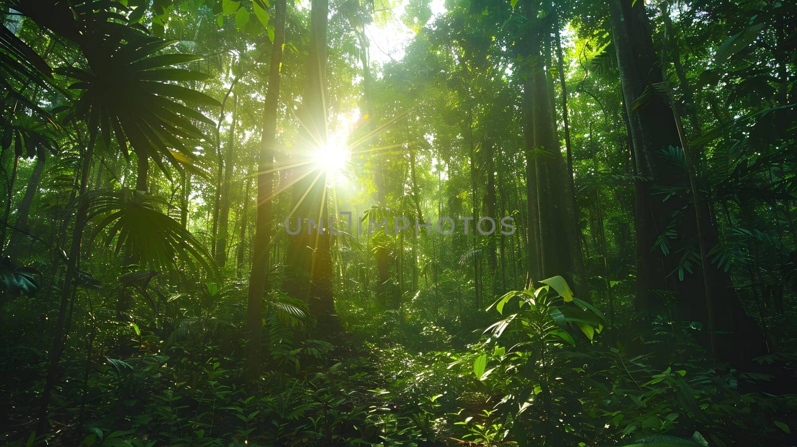 Sunlight filters through jungle canopy onto terrestrial plants and tree trunks by Nadtochiy