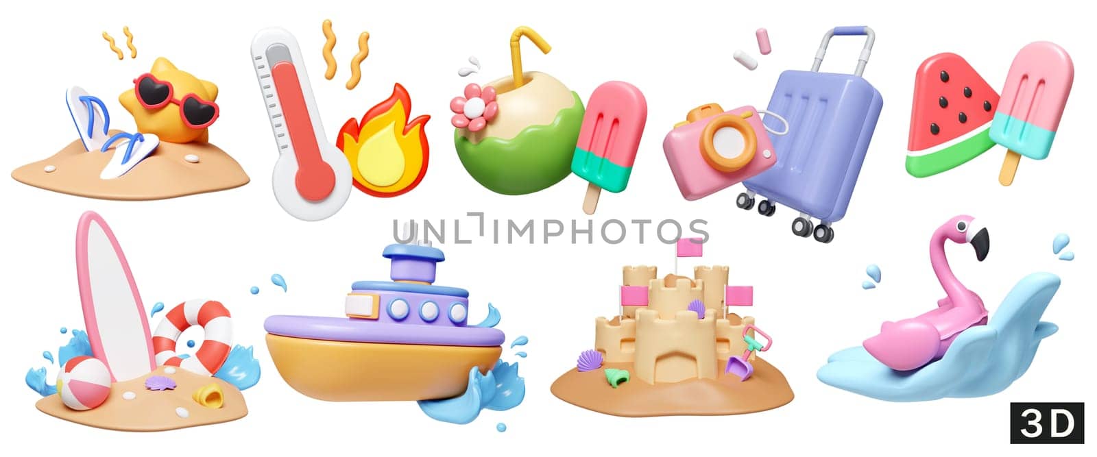 3d render illustration. a large collection of icons on the theme of summer for outdoor trip vacation isolated in white background design. by meepiangraphic