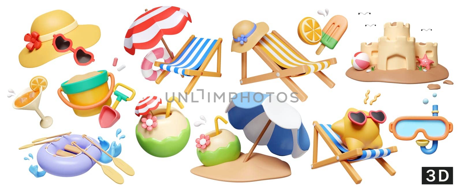 3d render illustration. a large collection of icons on the theme of summer for outdoor trip vacation isolated in white background design..