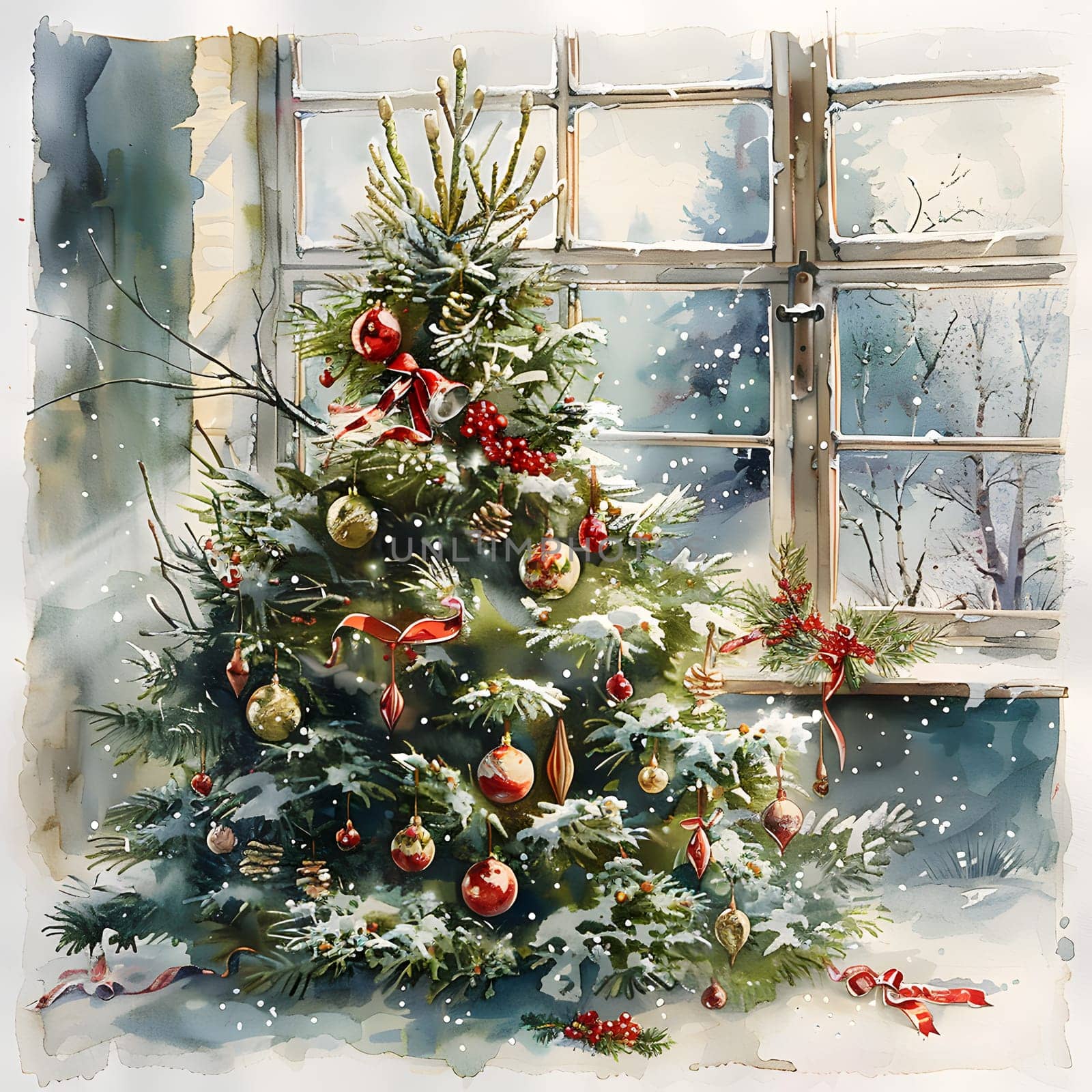 An image featuring a festive Christmas tree with colorful ornaments, positioned in front of a window. The tree branches are adorned with holiday decorations in varying tints and shades