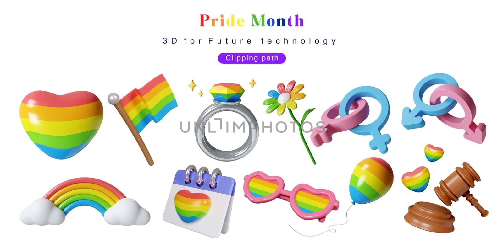 Pride day 3D icon set. rainbow, sunglasses, ring, balloon, heart shaped hand 3d rendering illustration.