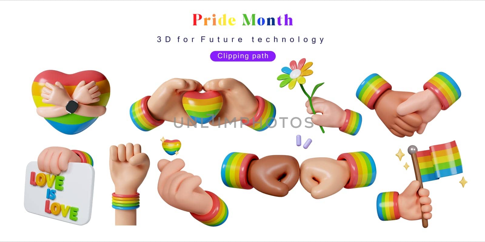 Pride day 3D icon set. Hand shows different gestures signs, 3d rendering illustration.