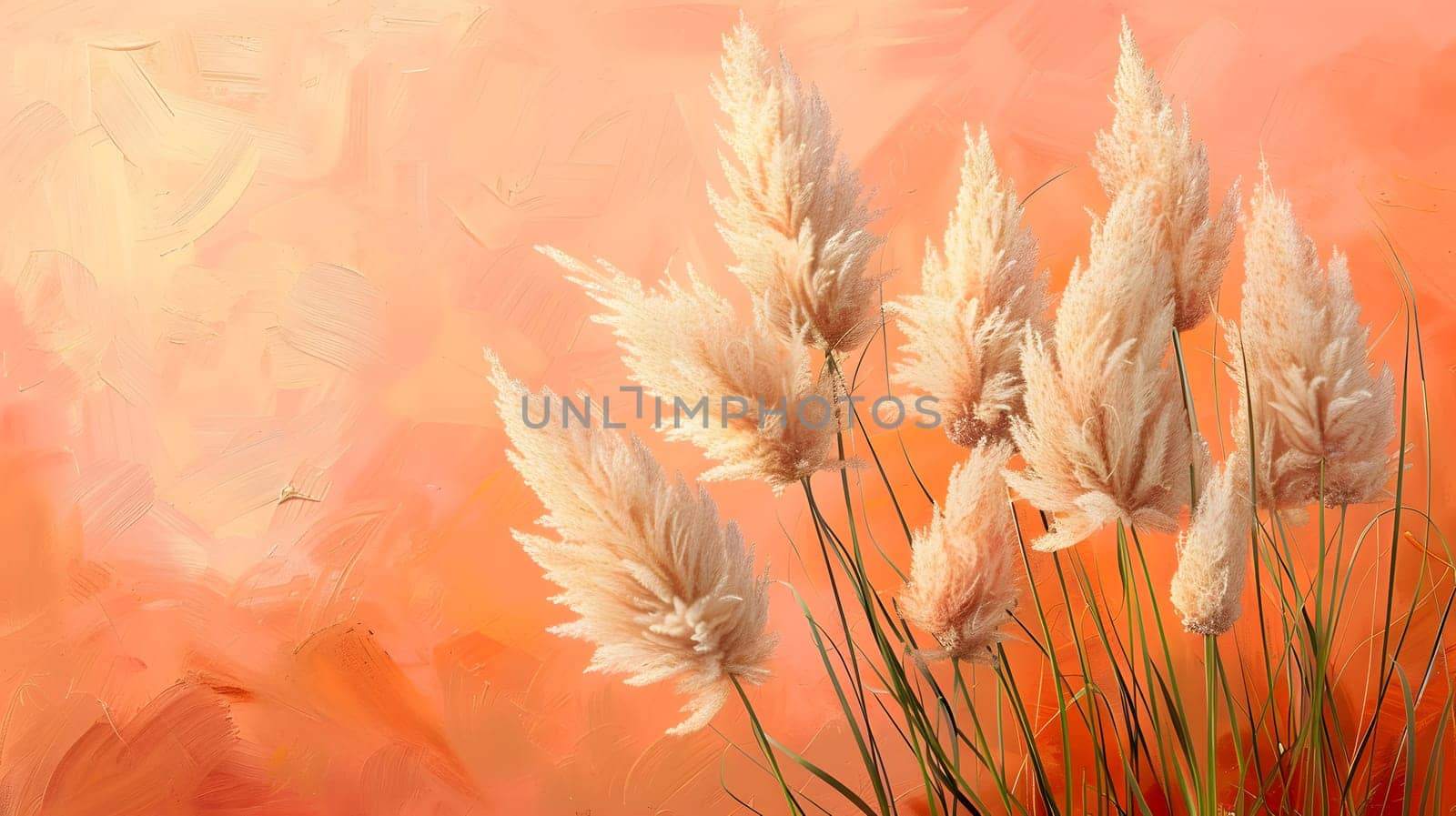 A field of tall grass swaying in the wind against a stunning peachcolored sky. The natural landscape creates a beautiful art piece with the grass as the main focus