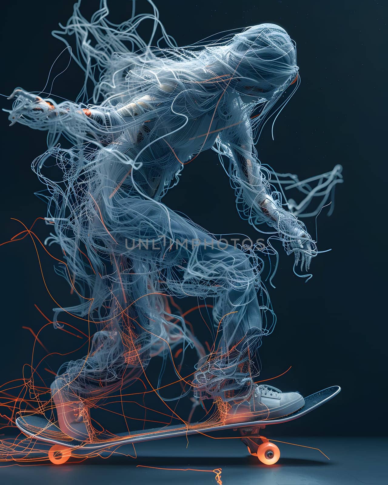 CG artwork of organism on skateboard with electric blue smoke by Nadtochiy