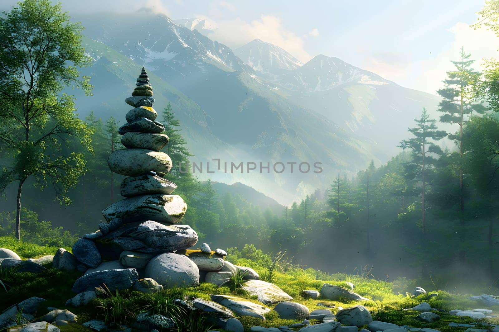 A stack of rocks in a forest clearing with mountains in the background by Nadtochiy