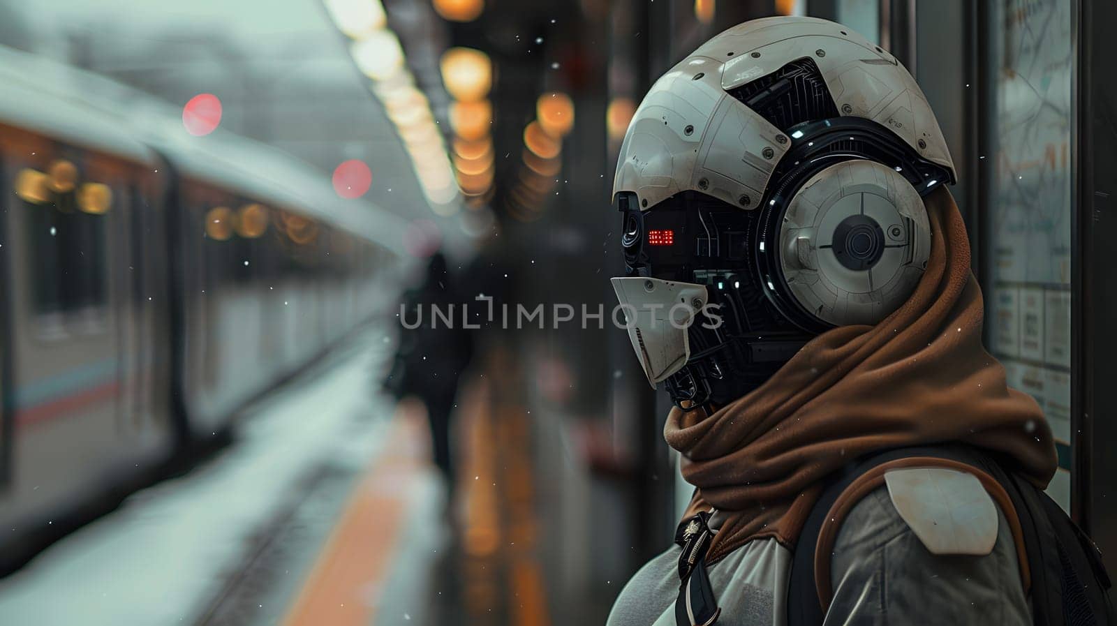 Wearing a futuristic helmet and headphones, waiting for train at a city station by Nadtochiy