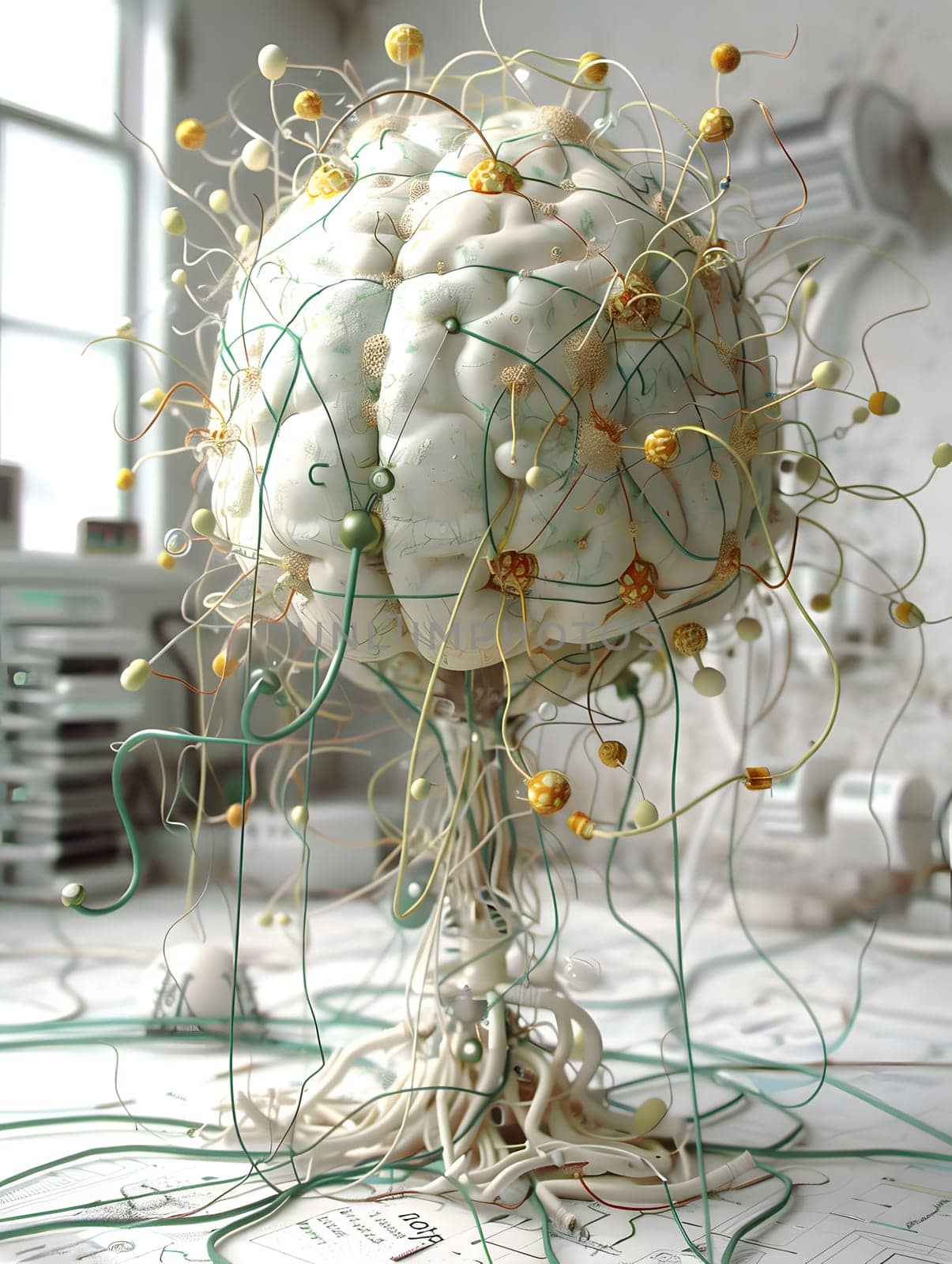 A brain sculpture intertwined with branches, twigs, and flowers, symbolizing the connection between nature and human intellect. Snowcovered trees outside the window add a touch of winter charm