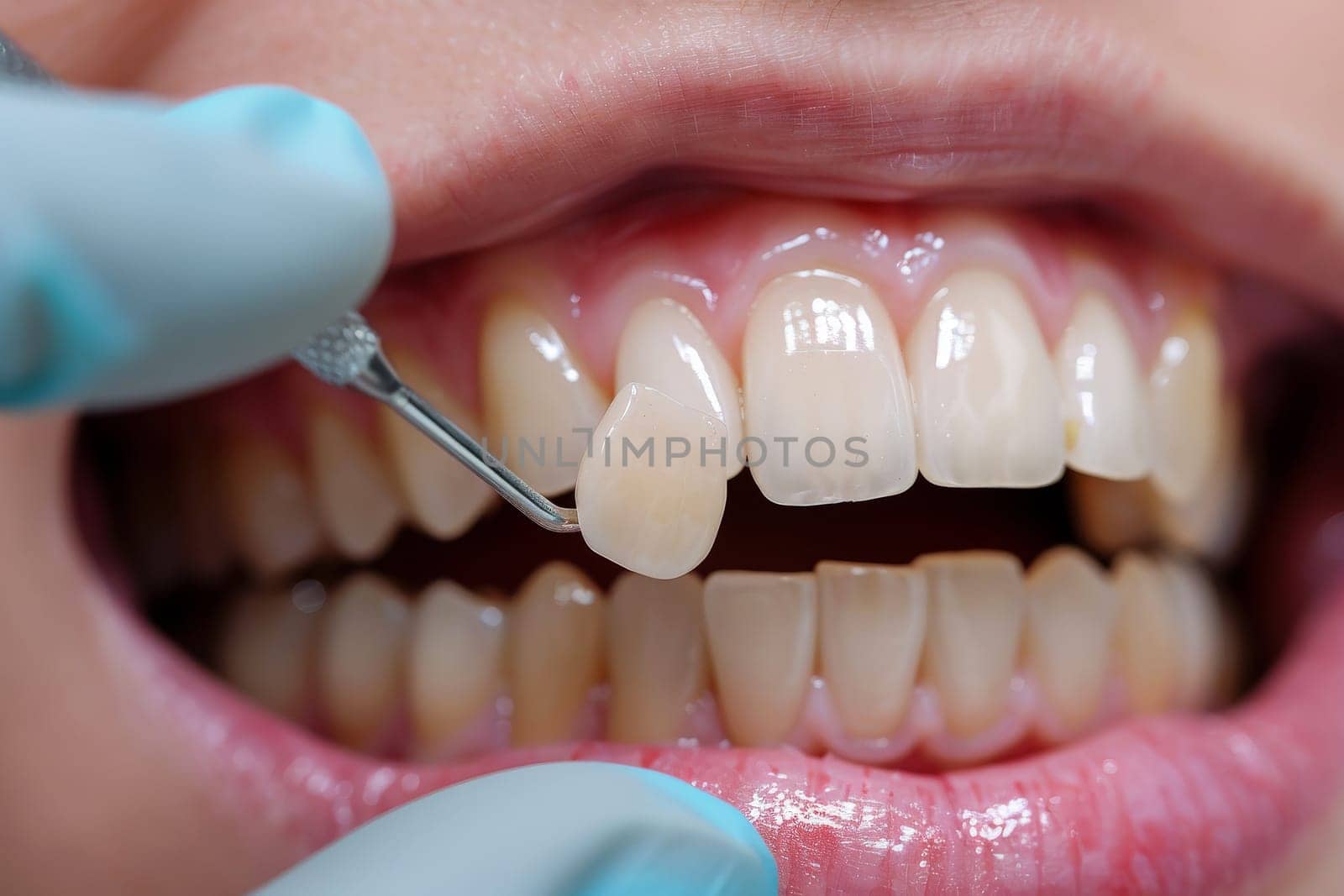 Yellow Teeth veneers treatment whitening. Happy smiling person. Generation AI.