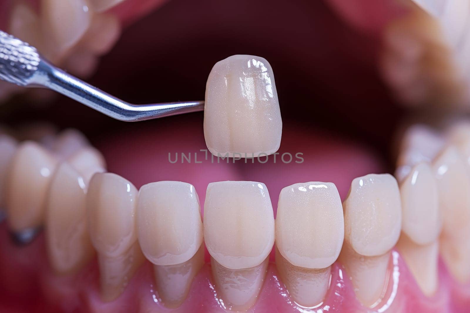 Yellow Teeth veneers treatment whitening. Happy smiling person. Generation AI.