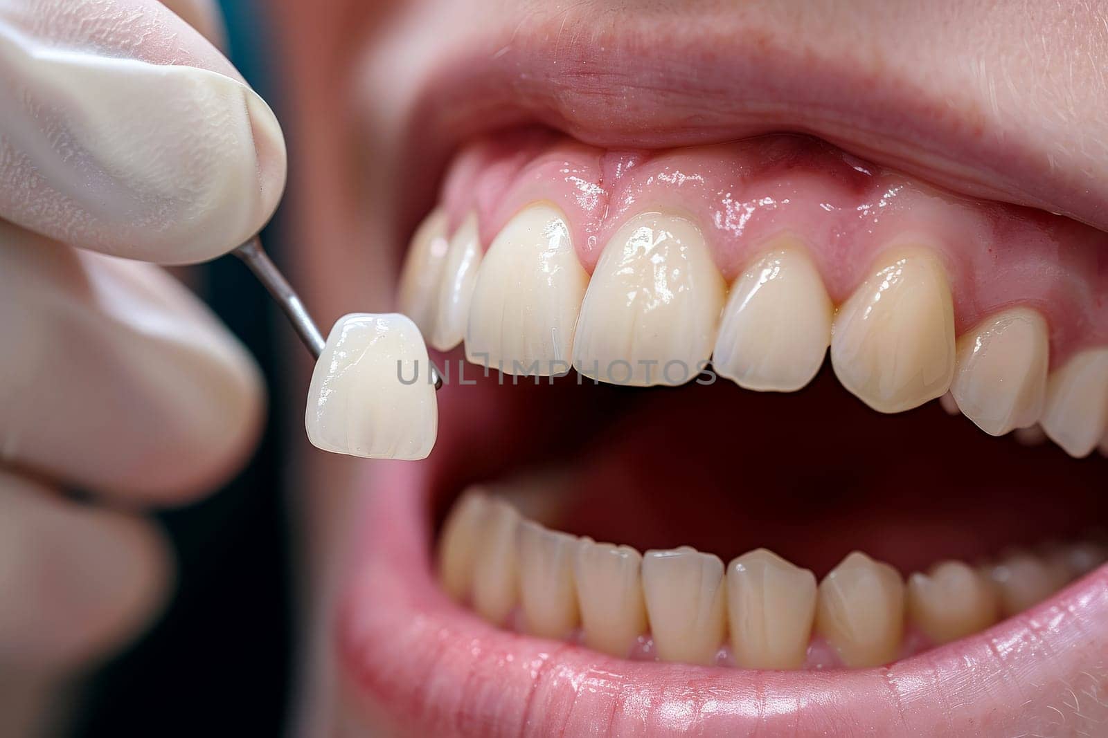Yellow Teeth veneers treatment whitening. Happy smiling person. Generation AI by matamnad