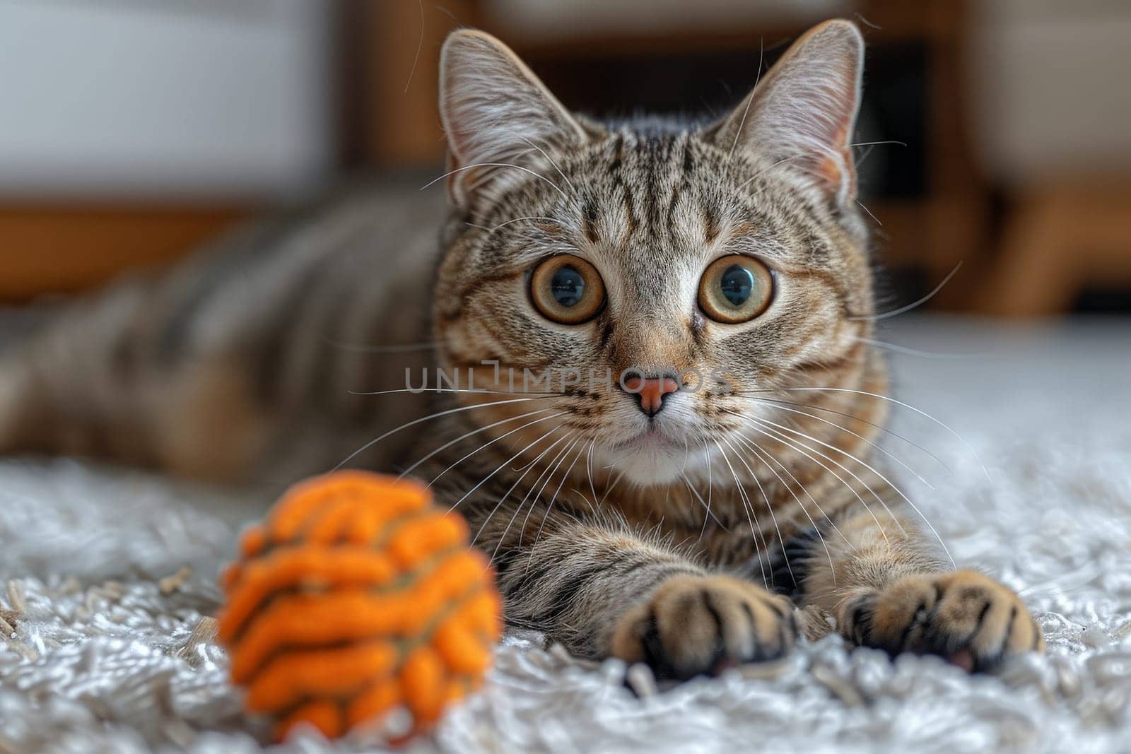 portrait cat play with ball in living room, Funny cat and ball , lovely pet by nijieimu