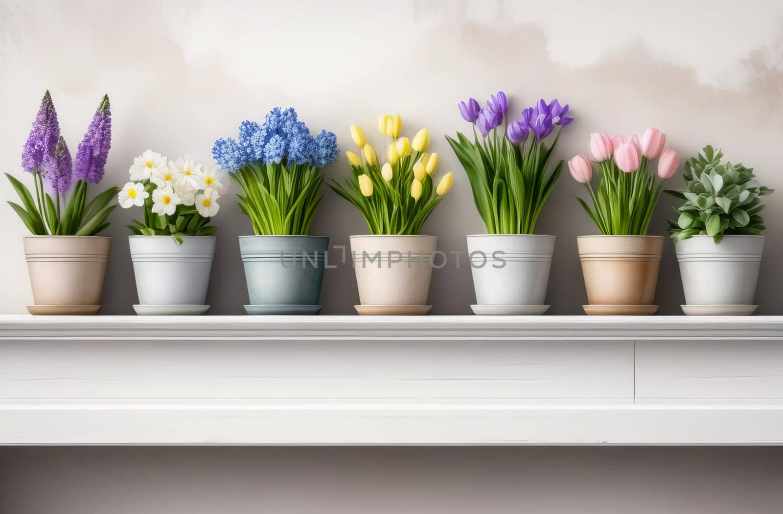 Clipart on white background, flowers in pots, watercolo, rustic. AI generated. by OlgaGubskaya