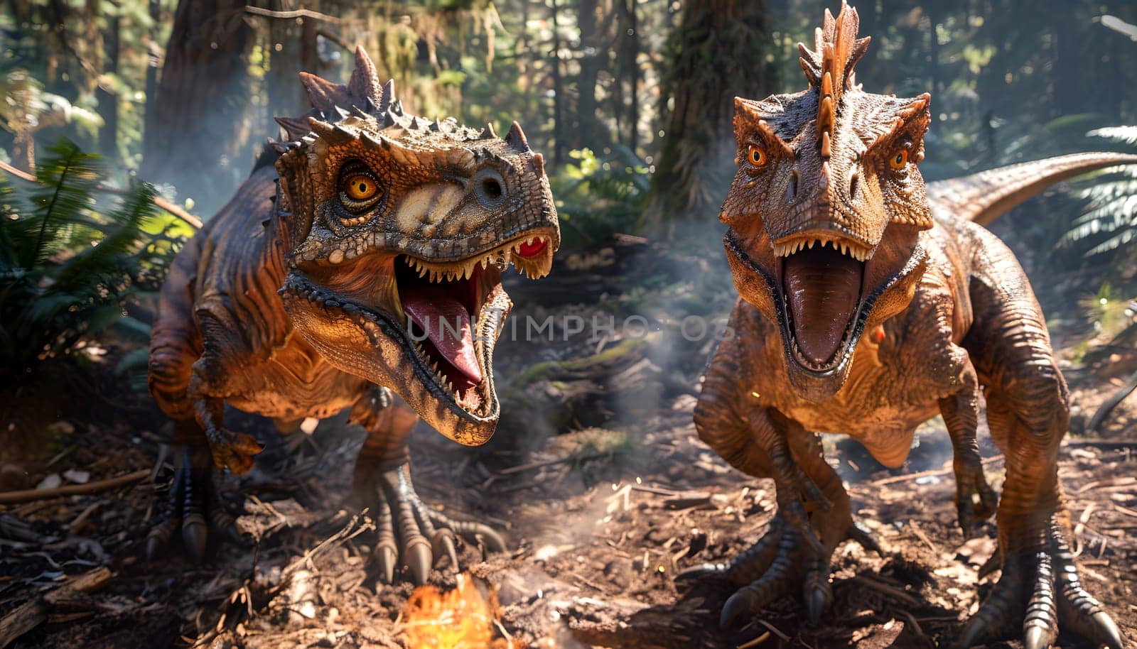 Two carnivorous dinosaurs with their jaws open are standing next to each other in the wood, resembling fictional characters in a supernatural jungle scene