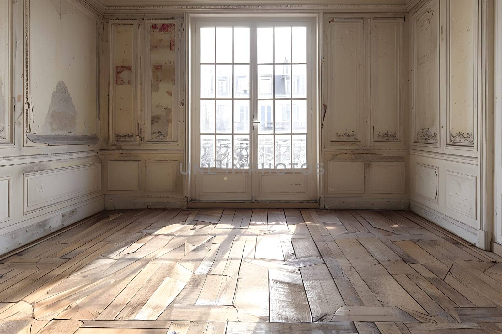 An empty room with hardwood flooring, a large window, and wooden fixtures by Nadtochiy