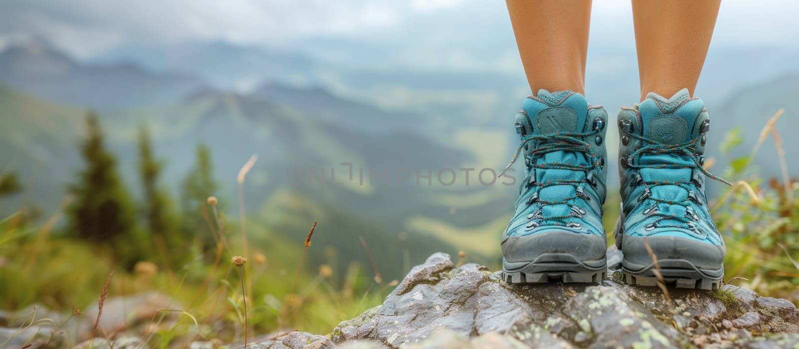 Legs of traveler standing on the cliff. Travel and freedom concept, with copy space for text.