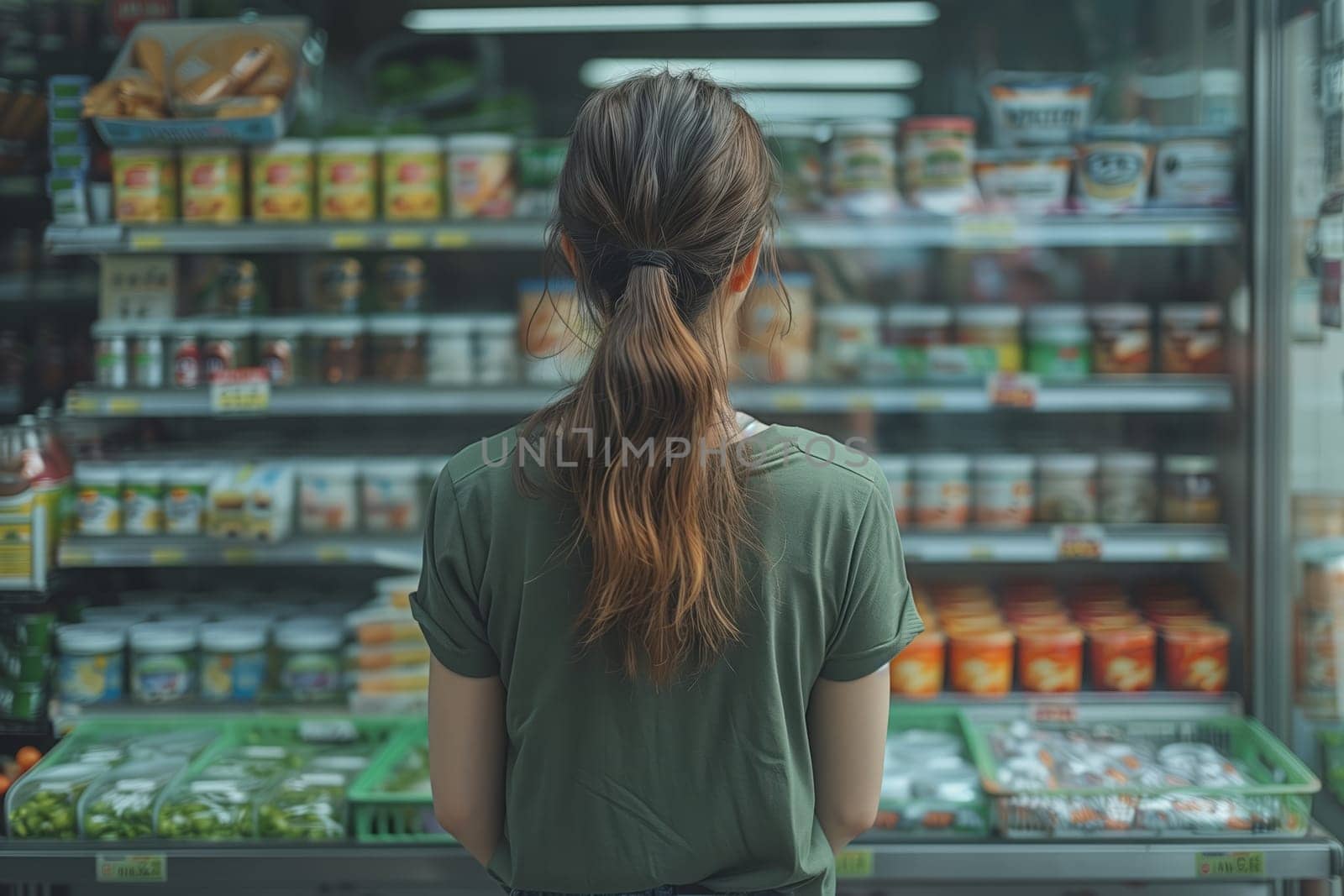 A customer is browsing food items on the shelf in front of a refrigerator at a grocery store, enjoying the convenience and fun of shopping at a retail building