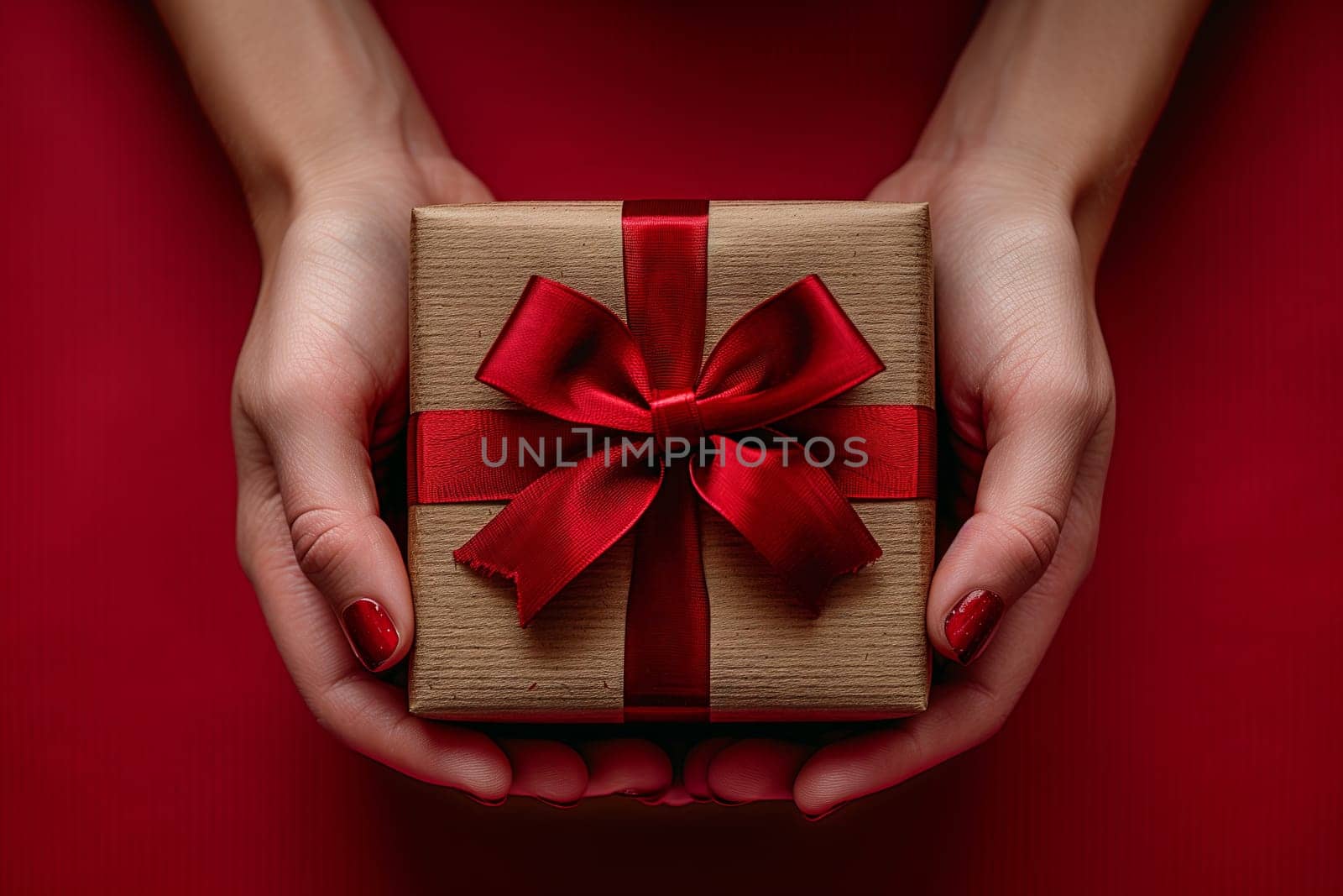 With delicate fingers, a woman handcrafts a gift box adorned with a red bow and flower petal, showcasing her creative arts skills in gift wrapping