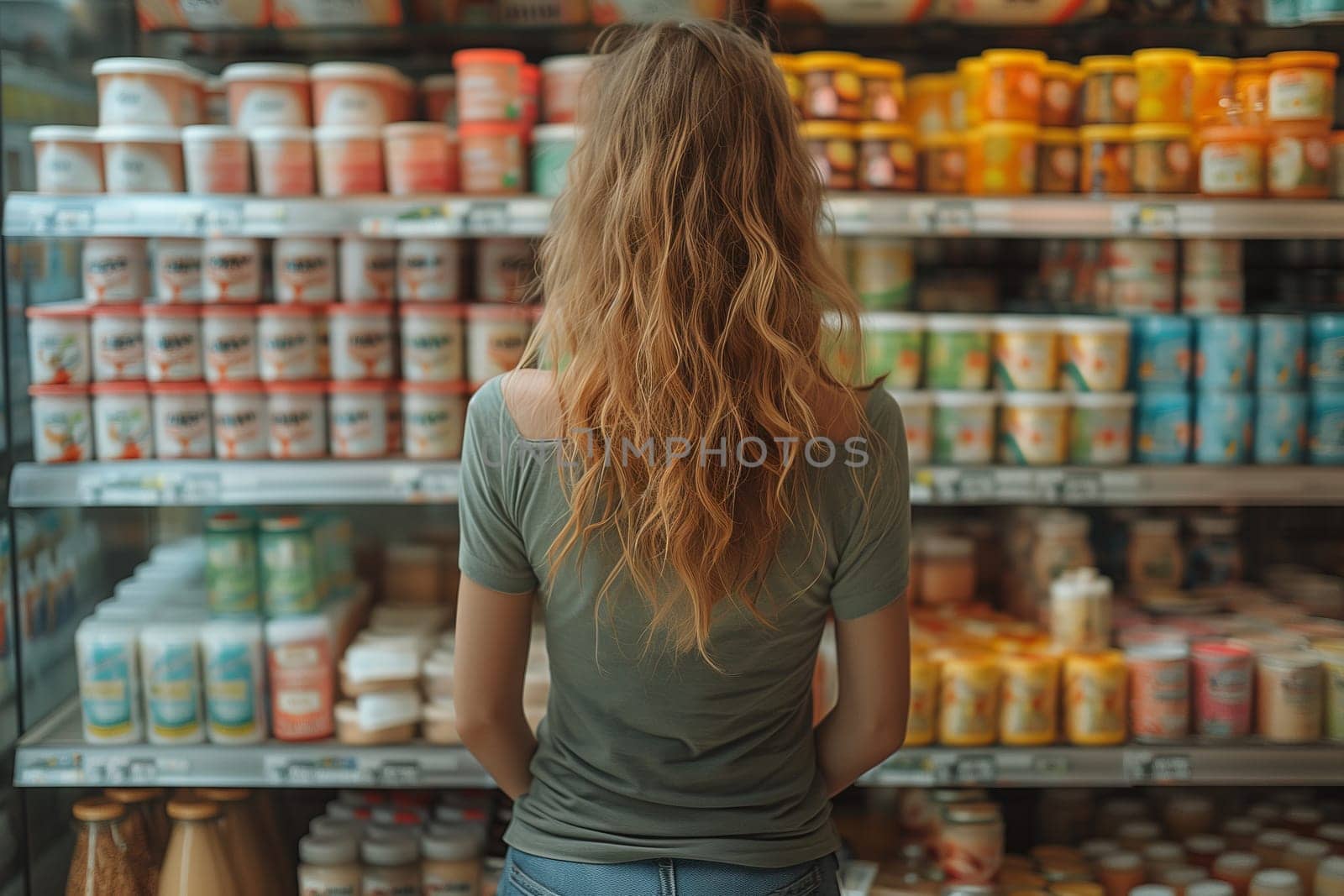 A customer is browsing the shelves of a convenience store, looking at various products in the refrigerated section, including food and drinks