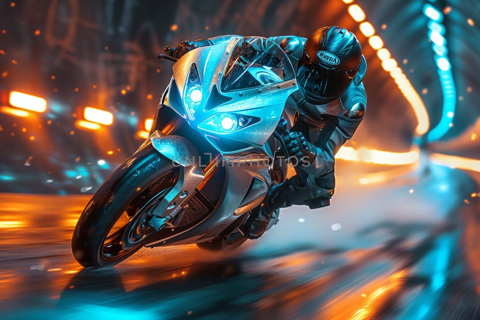 A fictional character is riding an electric blue motorcycle through a dark tunnel at night, showcasing its automotive design and lighting against the darkness