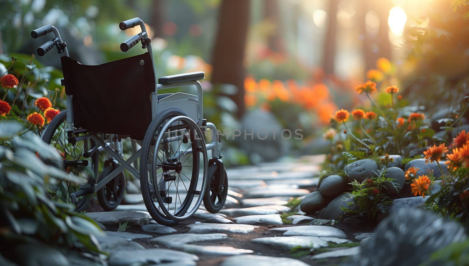A wheelchair is resting on a stone path surrounded by lush green grass and vibrant plant life in a serene garden landscape