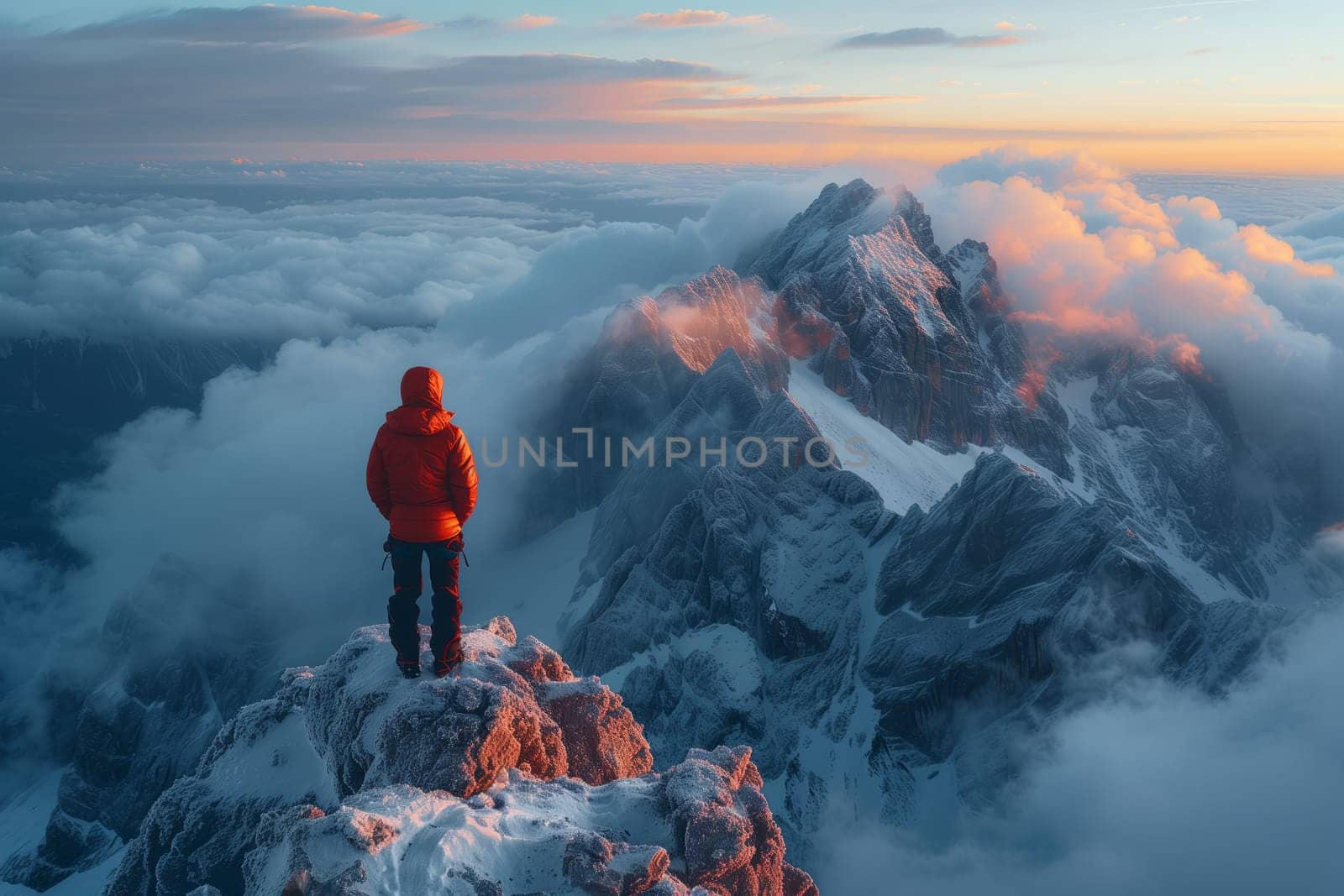 A man is standing on a majestic mountain peak covered in snow, surrounded by the breathtaking beauty of the sky, clouds, and natural landscape