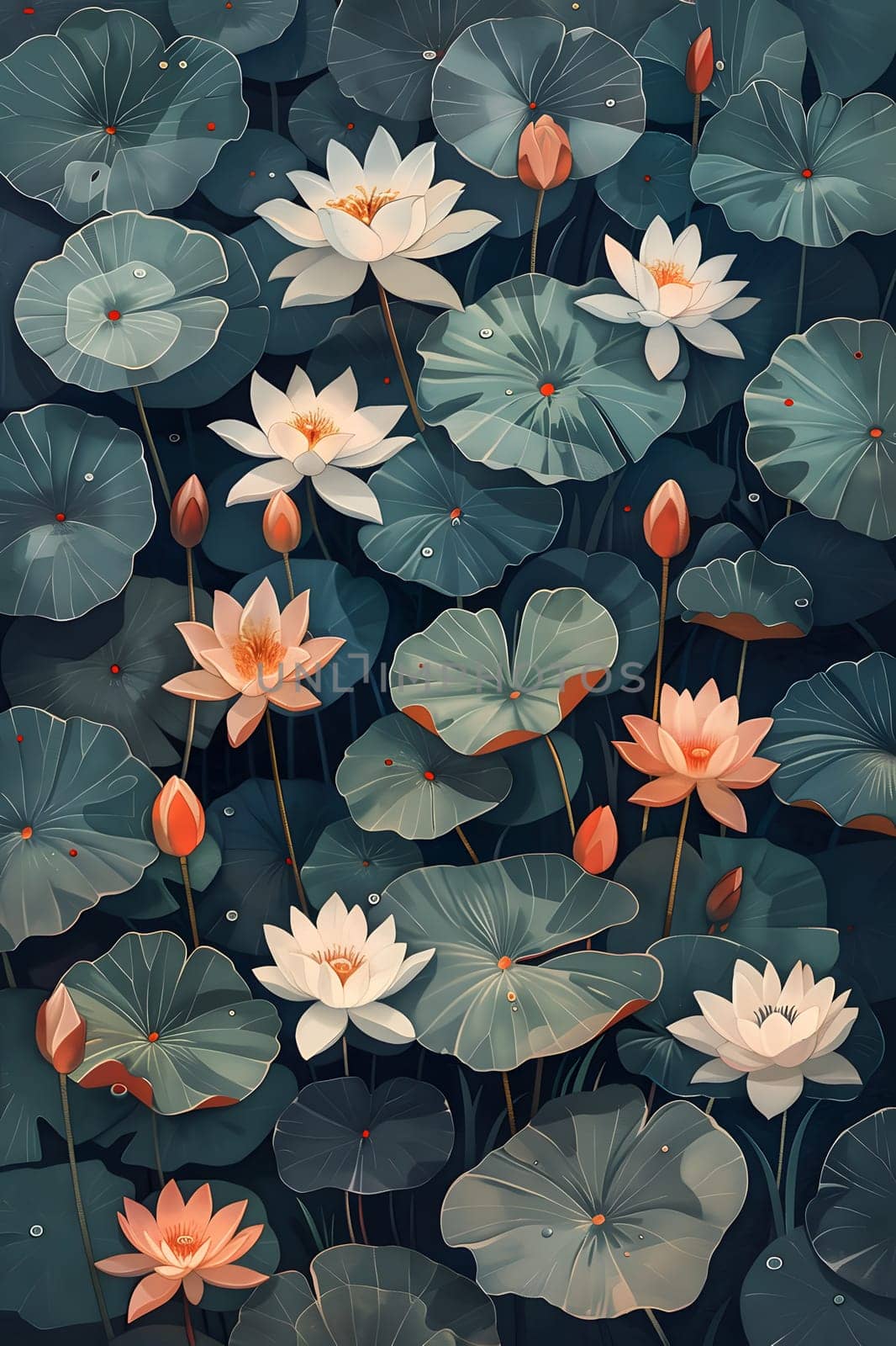 A painting of lotus flowers and lily pads in a pond by Nadtochiy