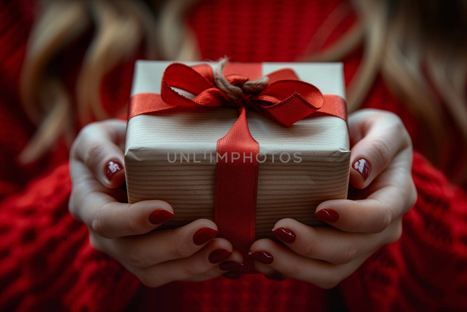 She is making a gesture with her hand, holding a gift box with a red ribbon. The magenta ribbon contrasts with her neutral outfit