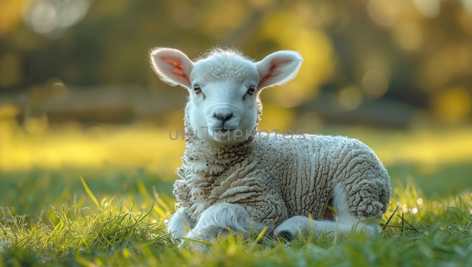 A lamb is resting on grassland, gazing at the camera in a natural landscape by richwolf