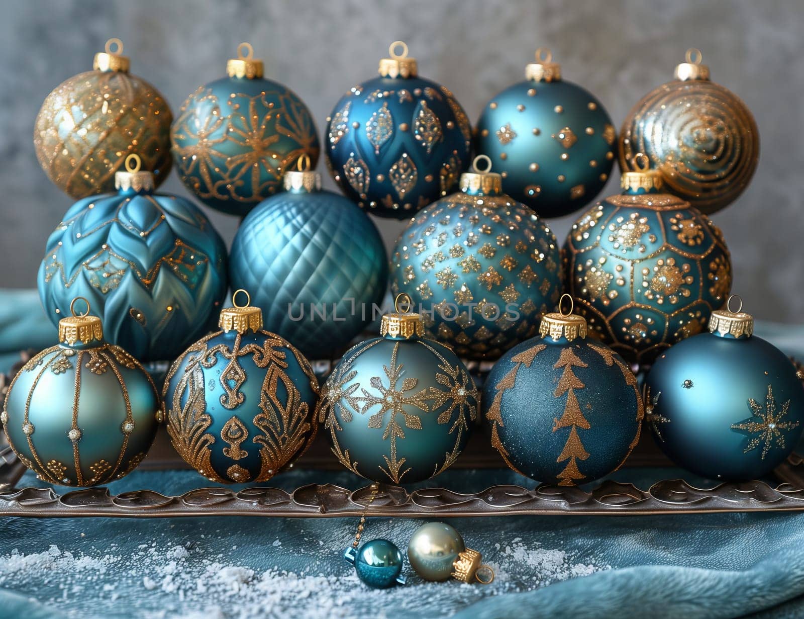 A stack of aqua and gold Christmas ornaments creates a stunning display on a table, showcasing the creative artistry of holiday decorations
