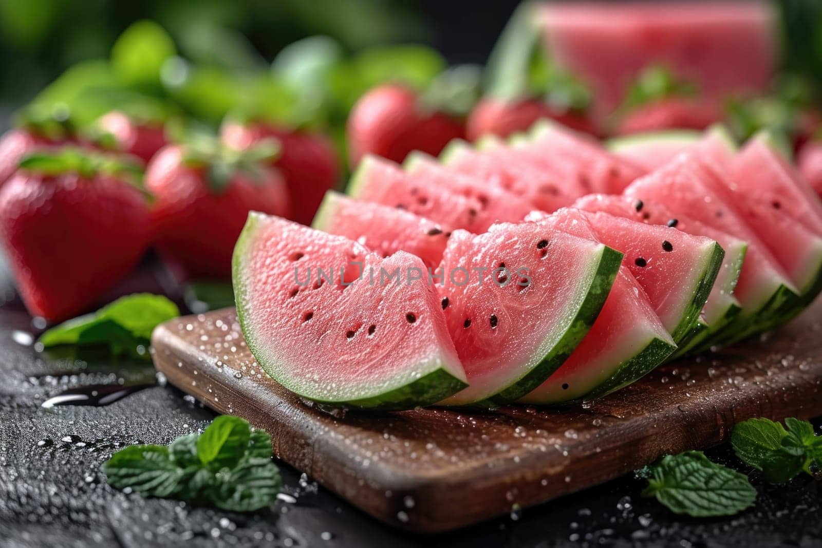 Slices of ripe red watermelon, sliced on the table. Delicious fruits by Lobachad