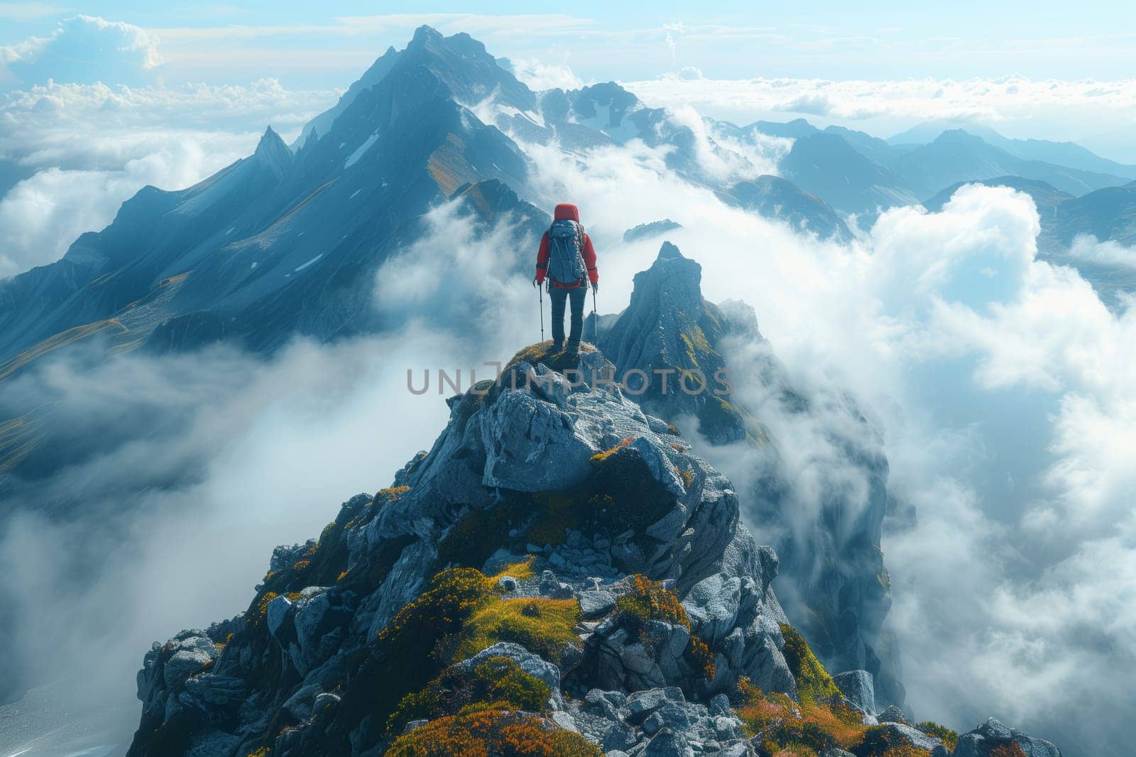 A person is standing on a mountain peak, surrounded by clouds in the sky, embracing the beauty of this natural landscape and atmospheric phenomenon