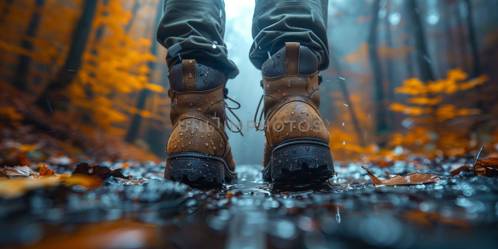 A person in hiking boots walks through the electric blue natural landscape of a forest, surrounded by the darkness of the soil and glassy streams of water
