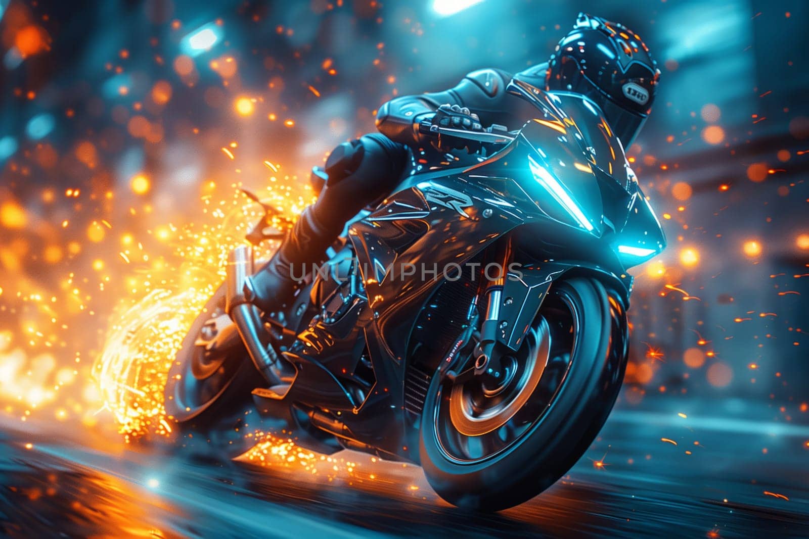 A man is riding a motorcycle with flames shooting out of the exhaust pipes in the darkness, creating an electric blue glow around the vehicle