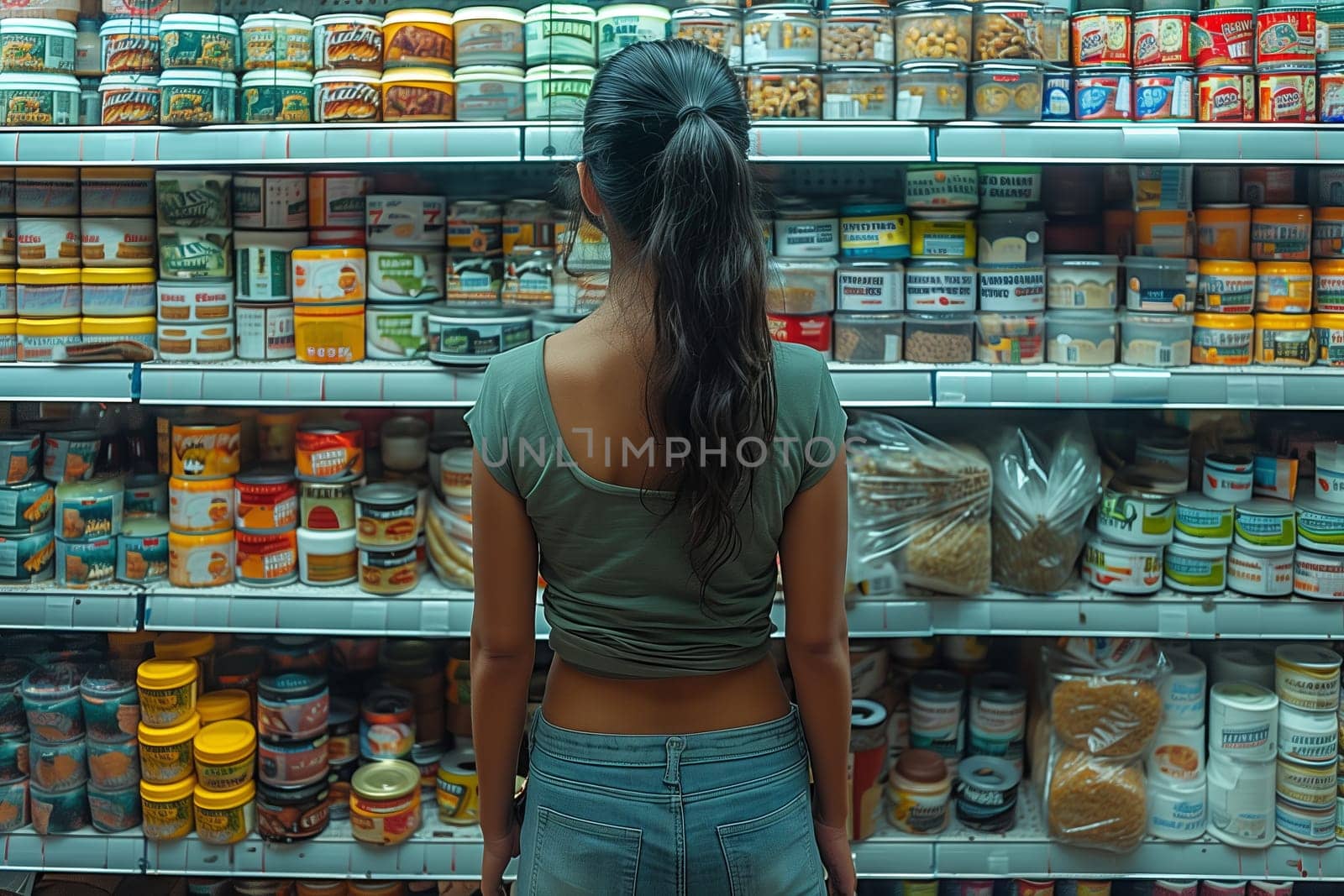 A female customer is browsing a shelf in a grocery store filled with various food and drink items, reflecting the trade and retail aspect of the convenience store