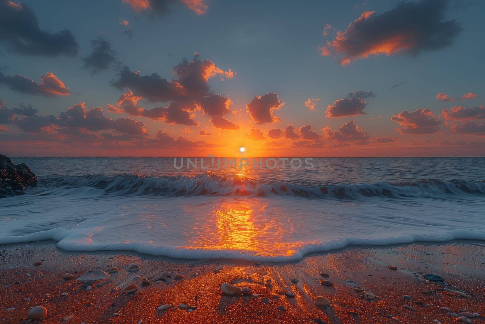 The sky is painted with amber hues as the sun sets over the ocean, casting a golden afterglow on the fluid waves crashing on the coastal beach