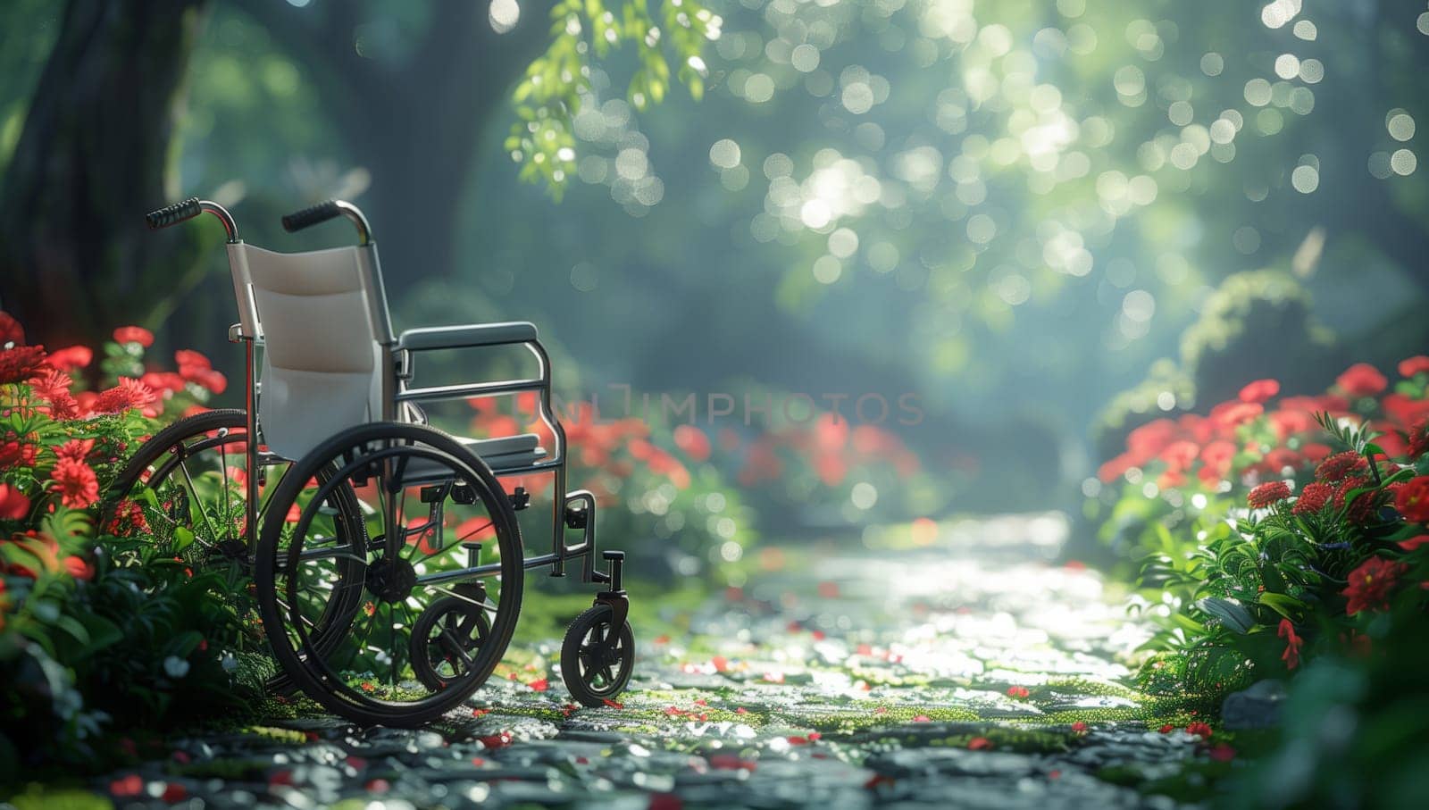 A wheelchair is parked on the grass beside a path in a garden, surrounded by plants and natural landscape