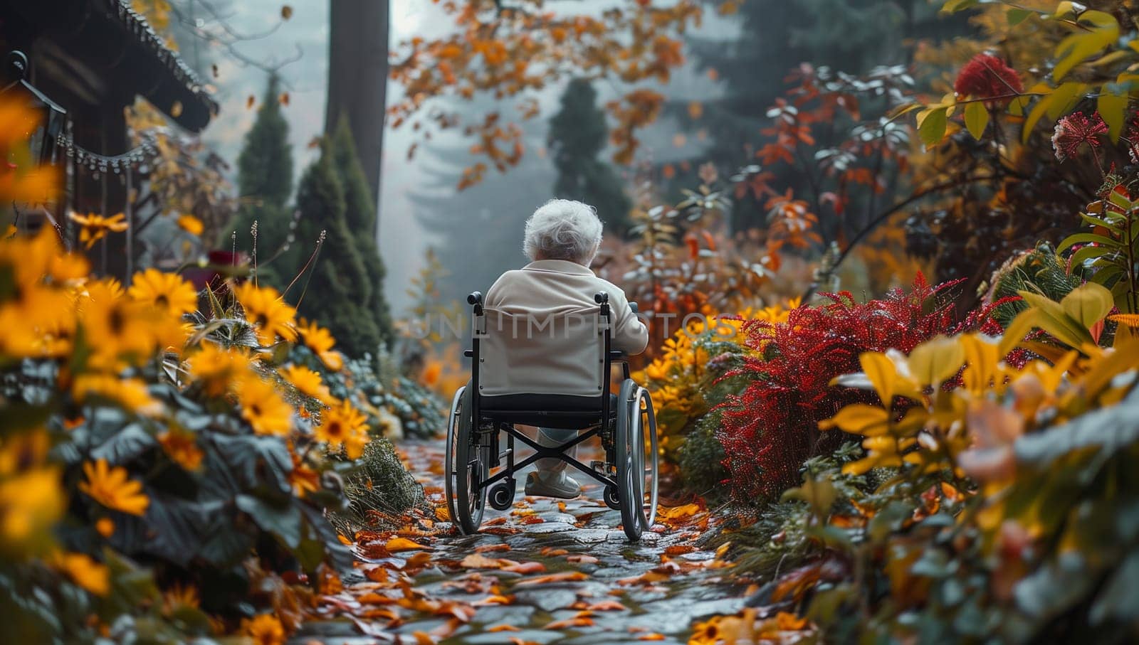 An elderly woman in a wheelchair is strolling through a lush garden filled with vibrant flowers, plants, and shrubs, basking in the warm sunlight and enjoying the natural landscape