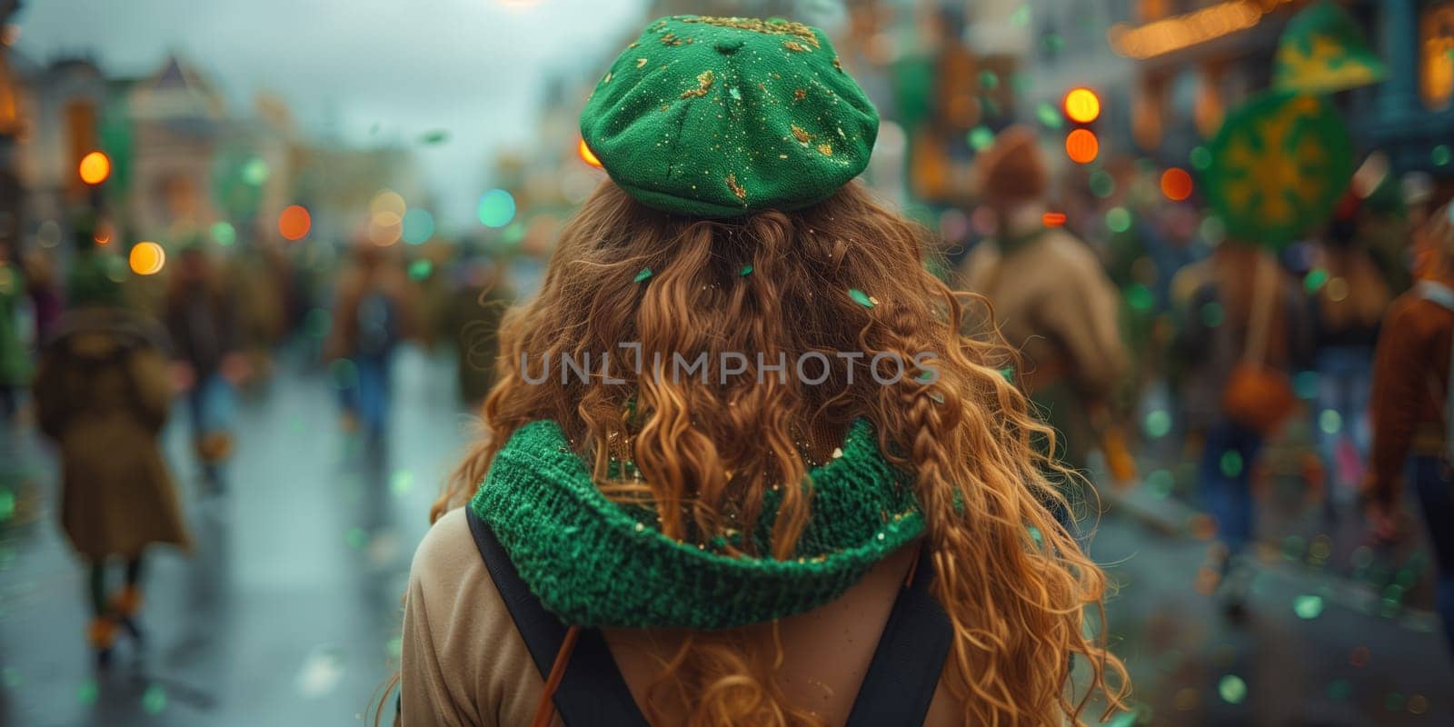 A woman in a stylish green hat and scarf is strolling down the street, adding a festive touch to the event. Her fashion accessories bring fun to the surroundings