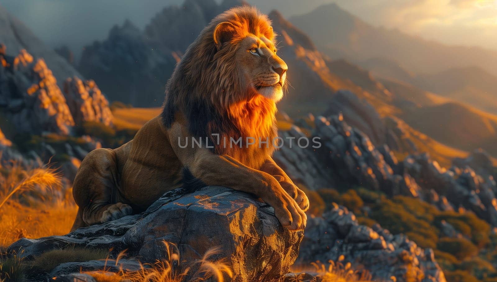 A carnivore, the lion, rests on a rocky outcrop in the mountainous landscape. The terrestrial animal is depicted in a painting capturing the event under a cloudy sky