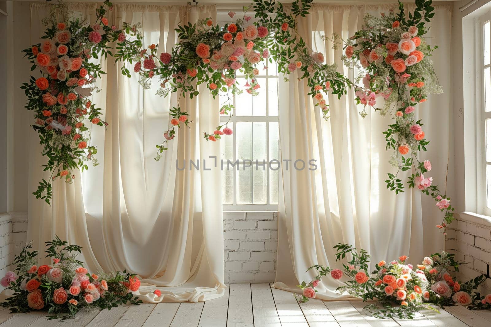 A lovely room with flower arrangements and curtains by the window, creating a charming decoration with a touch of nature and elegance