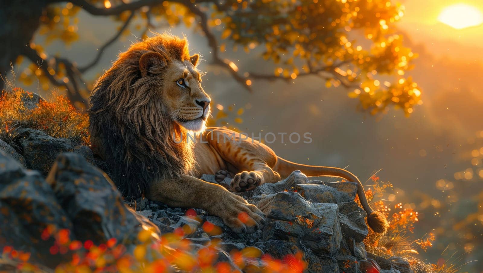 Masai lion, a carnivorous Felidae, sits on rock under tree in natural landscape by richwolf
