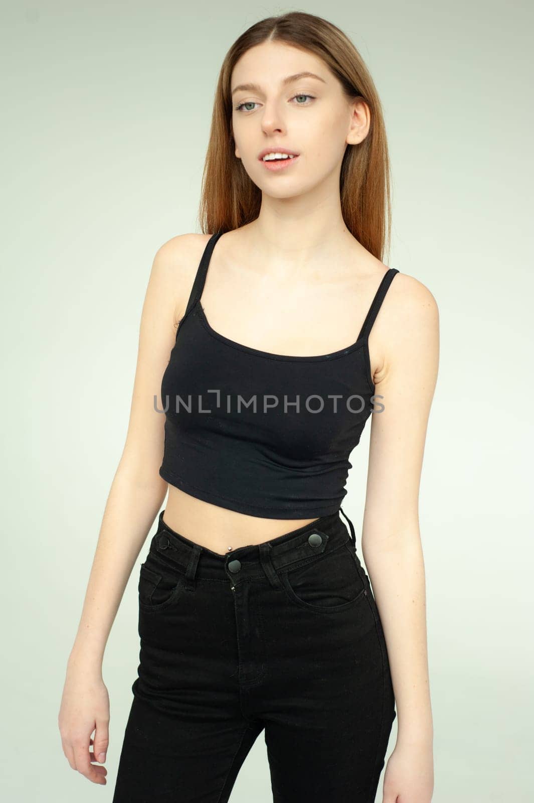 Studio model test, snap, polaroid. Beautiful young european woman on white background by OleksandrLipko