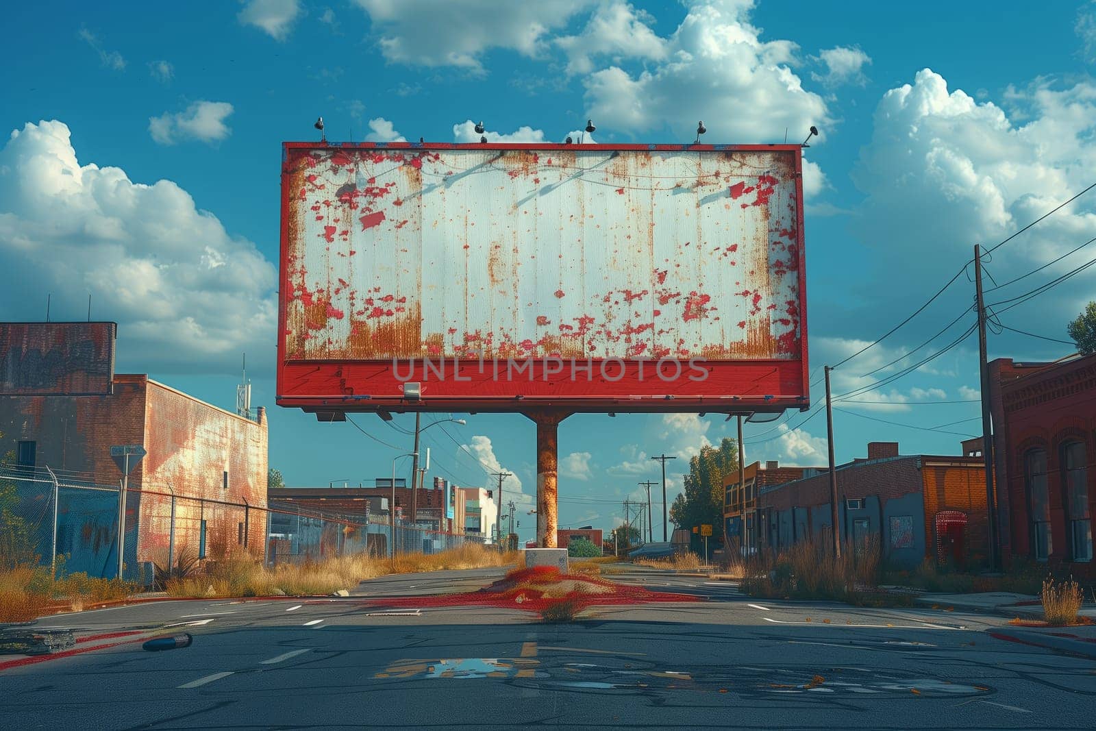 An old, rusty billboard with faded font sits on the side of the road, under a cloudy sky. It serves as a display device for passing travelers