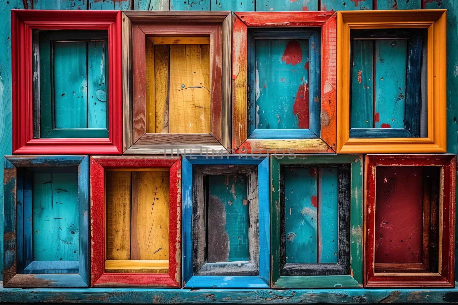 A variety of colorful picture frames, including blue rectangles, are stacked on a wooden shelf in a building. The colorfulness of the frames adds a vibrant touch to the room