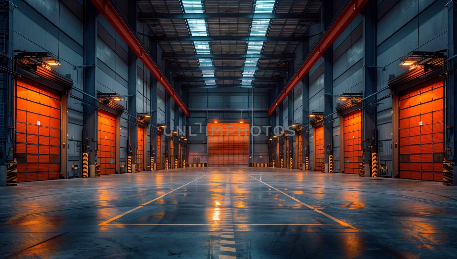 A building with numerous bright orange doors and a sturdy concrete floor. The symmetrical design and electric blue accents make it stand out in the city