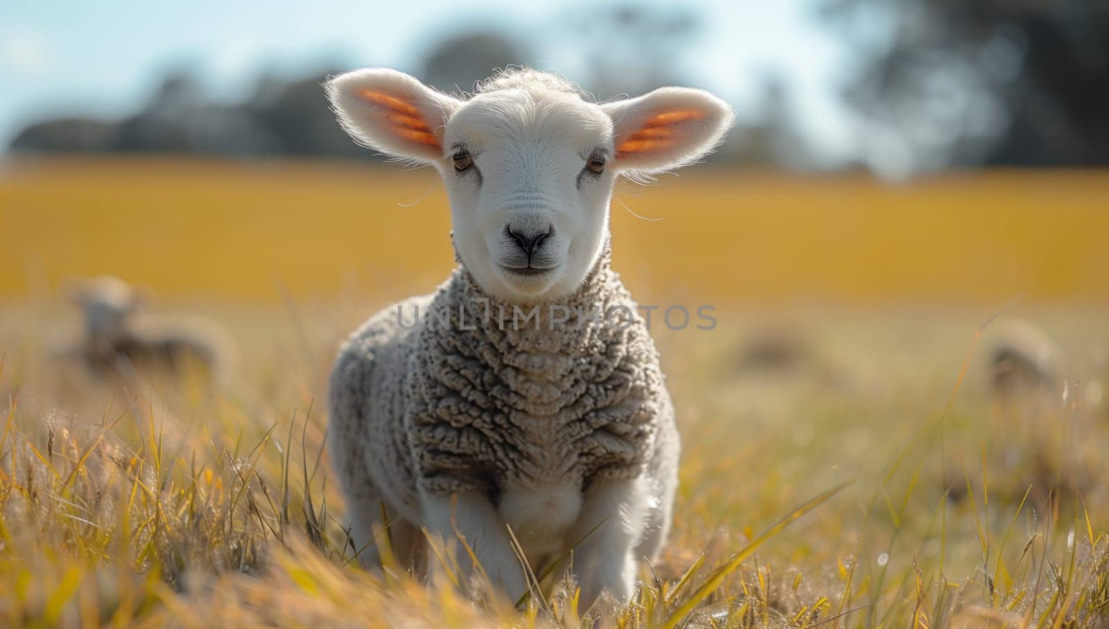 A fawn sheep standing in a grassy Ecoregion field, gazing at the camera by richwolf