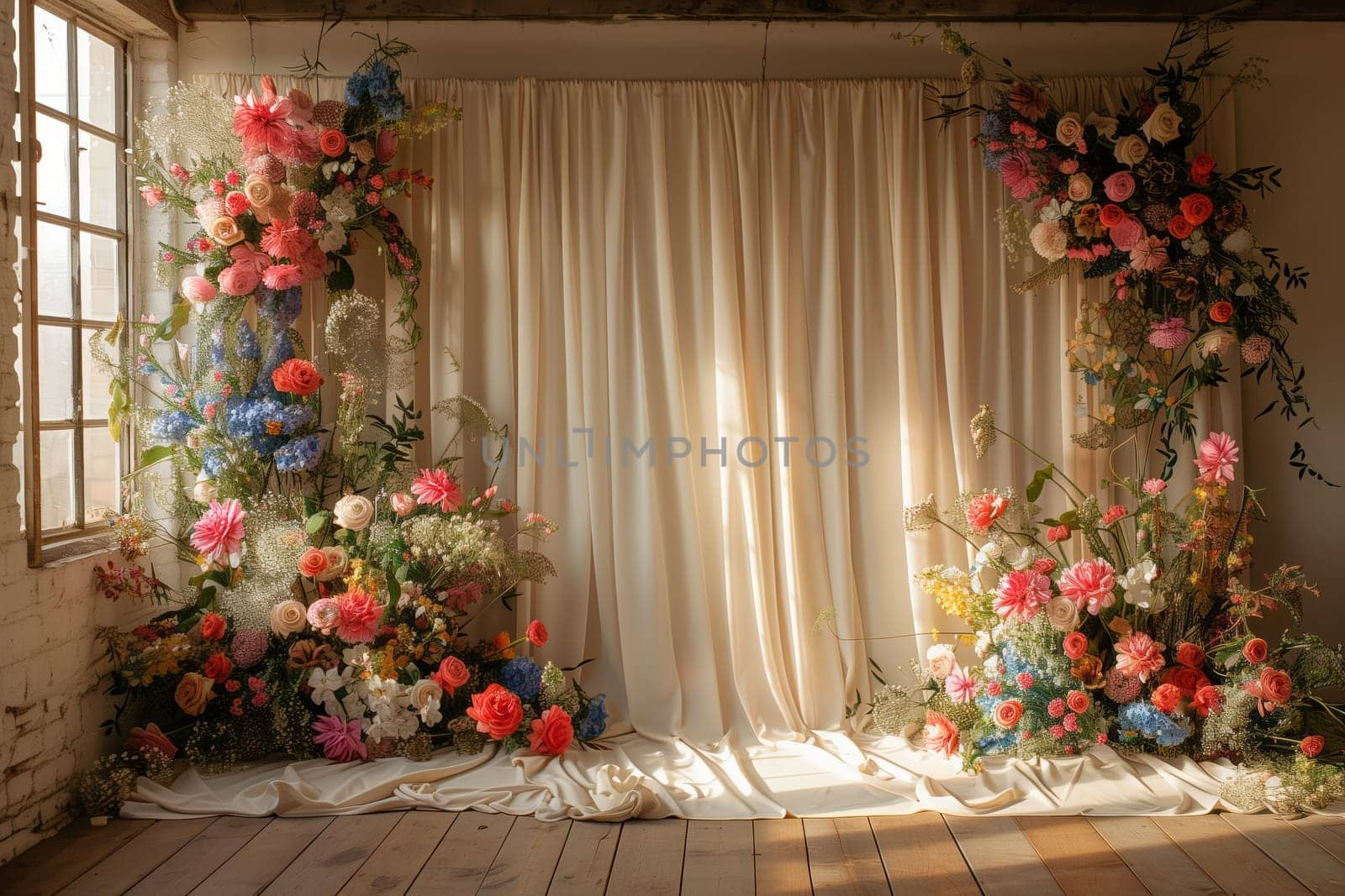The room is adorned with an abundance of flowers, plants, and Christmas ornaments. Creative arts and wooden accents complement the colorful curtains and intricate flower arrangements