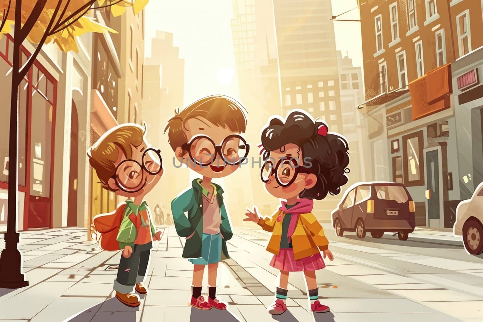 Three friends in bright clothes are having fun on the summer holidays on the street. Cartoon.